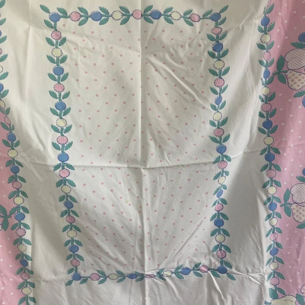 Vintage Fruit Tablecloth Pink Blue 51x 58 Cotton Mid Century Spring Summer